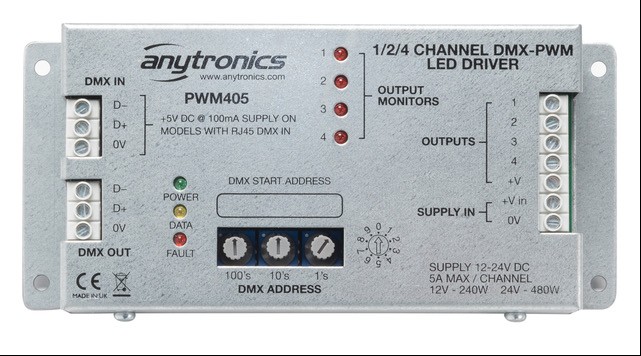 Anytronics PWM-405 - DMX - PWM Controller with 1, 2 or 4 Channels at 5A per Channel