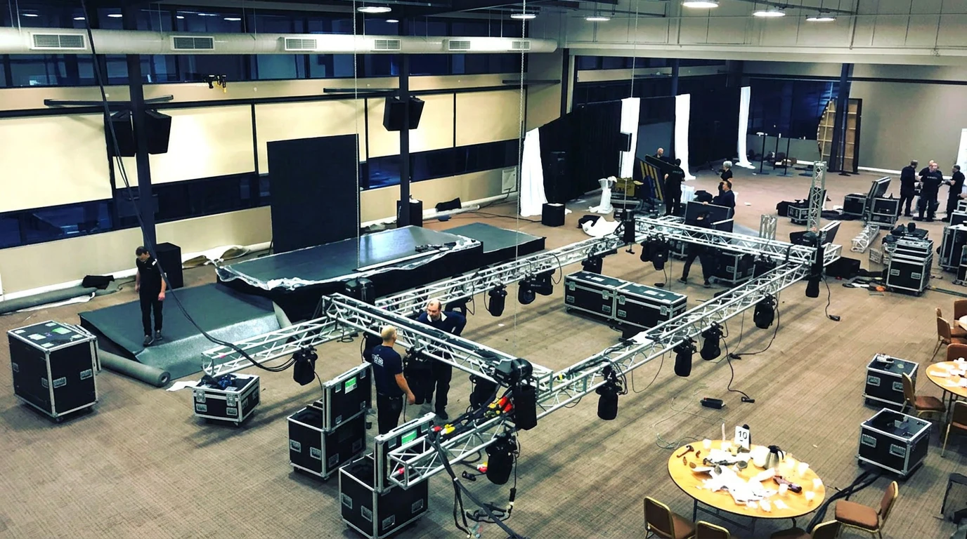 Lighting, truss and staging being assembled inside a venue