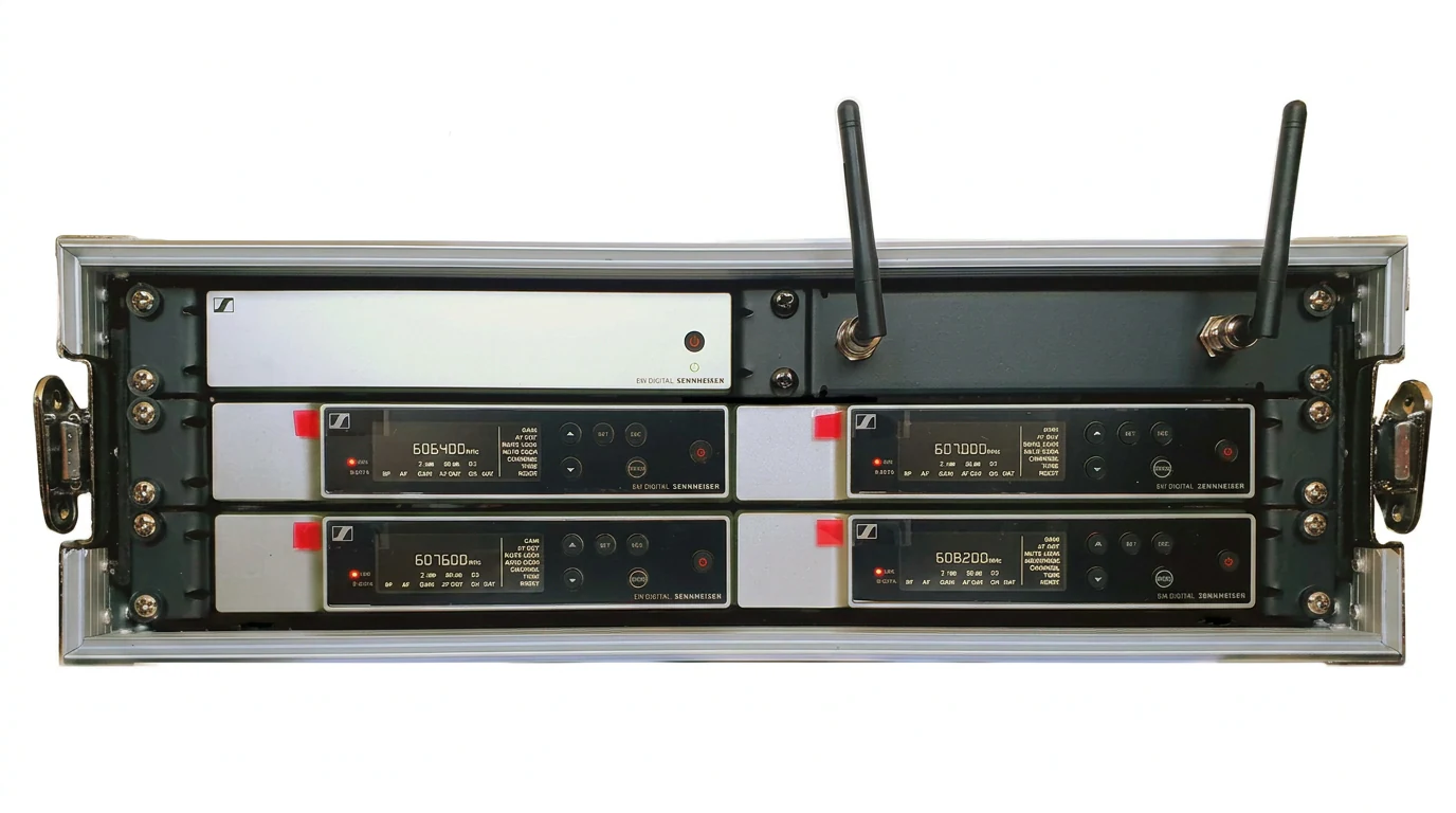 Rack-mounted Sennheiser radio microphone receivers