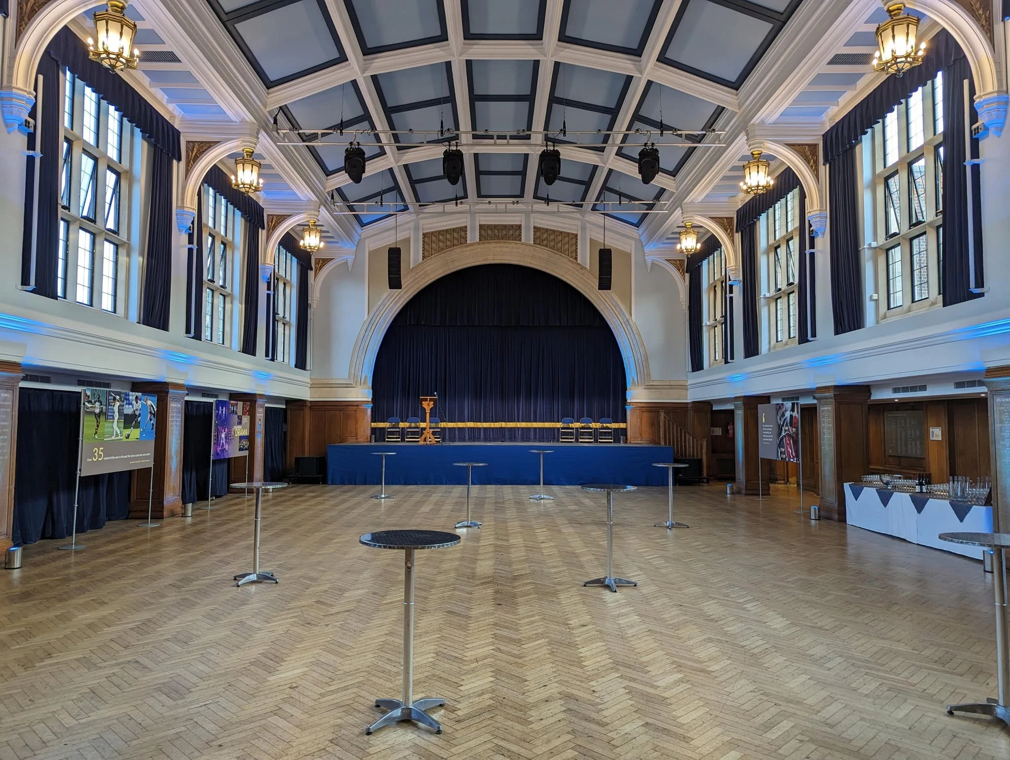 Hall with an installed stage lighting and sound system